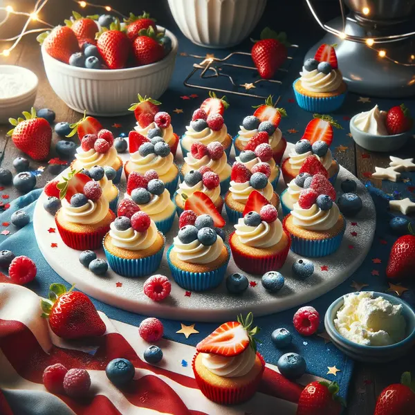 A platter of Red, White, and Blue Cheesecake Bites decorated with strawberries, blueberries, and a dusting of powdered sugar.
