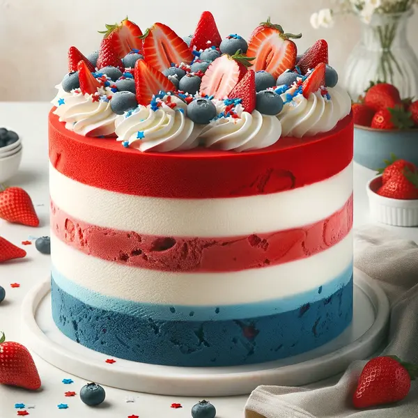 A festive Red, White, and Blue Ice-Cream Cake, layered with strawberry, vanilla, and blueberry ice cream, topped with whipped cream, fresh berries, and sprinkles.